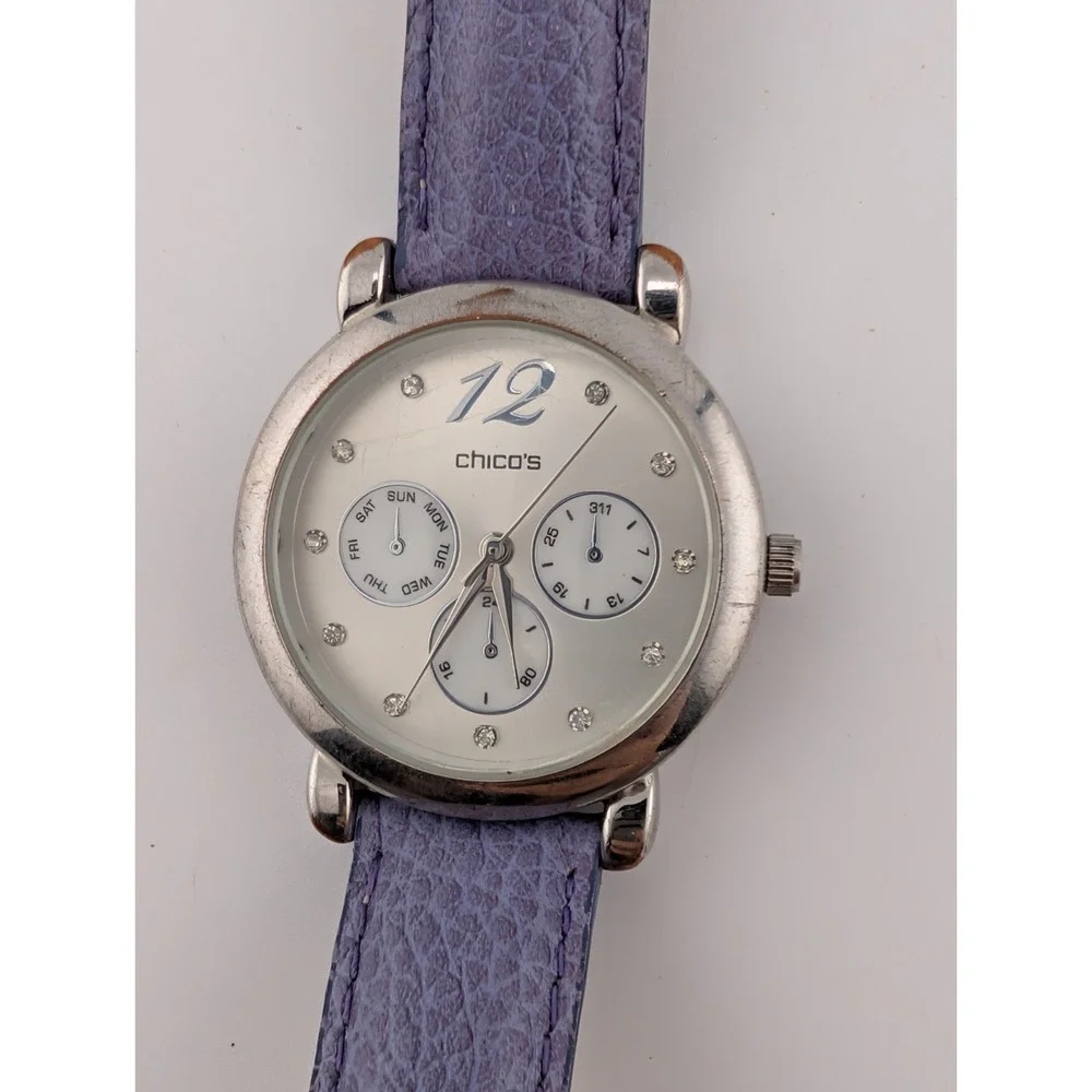 Chico's Women's Watch 34mm Silver Case Purple Leather Band- New Battery